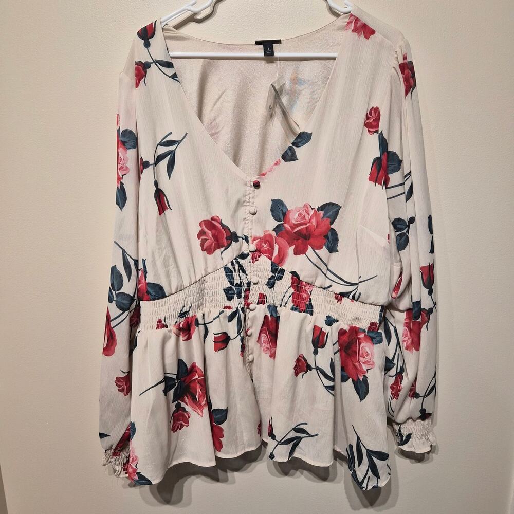 Torrid 3X Chiffon Button Front Smocked Waist Blouse Toro Roses Floral Sandstone